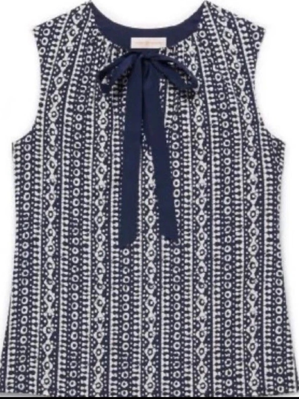 Tory Burch Tanya Silk Blouse Size 10 Navy Blue/White Printed Geometric Tie Neck